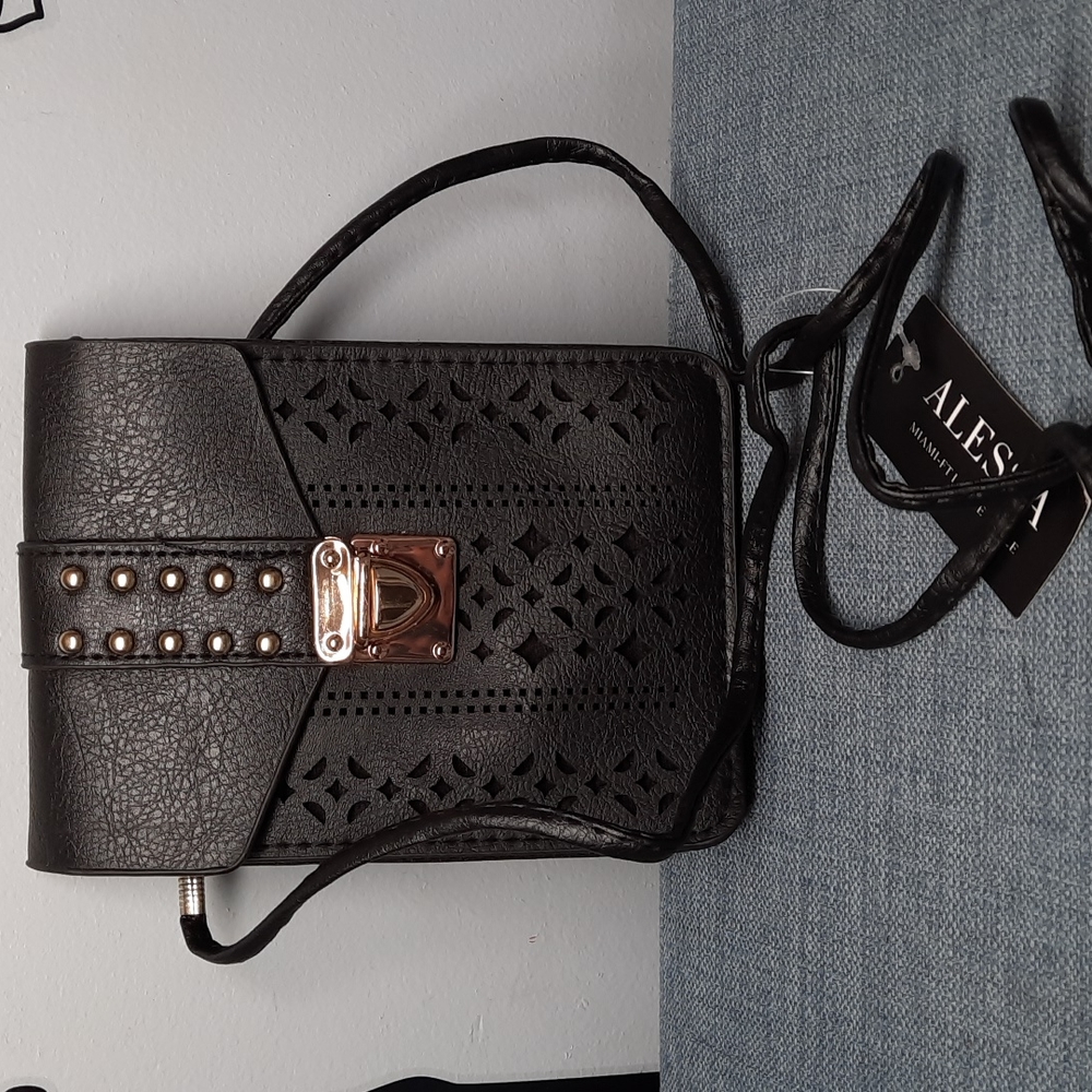 Black Small Crossbody Flower Laser Cut Designed Flap Gold Turn Lock Closure AsIs